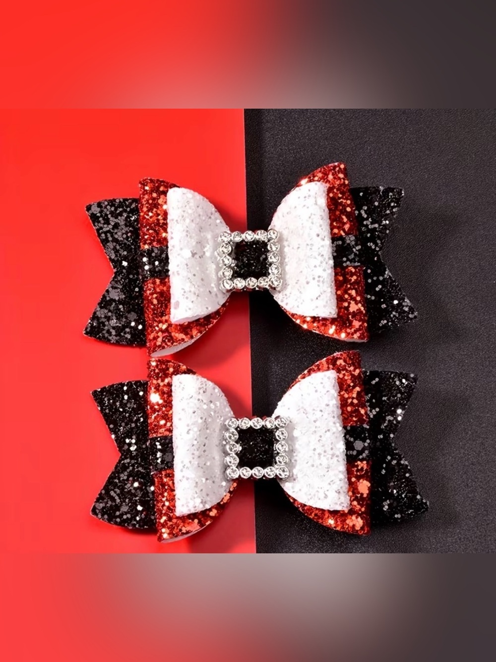 Sparkling Red, White & Black Kids Hair Bows with Rhinestone Buckle